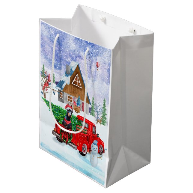 Doberman Dog in Christmas Delivery LKW Schnee Mittlere Geschenktüte (Vorderseite Schrägansicht)