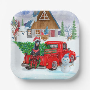 Doberman Dog in Christmas Delivery LKW Schnee Pappteller
