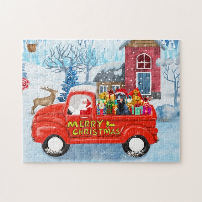 Doberman Dog in Christmas Delivery Truck Schnee (Horizontal)