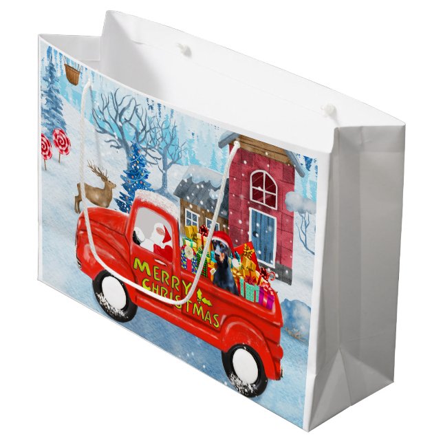 Doberman Dog in Christmas Delivery Truck Schnee Große Geschenktüte (Vorderseite Schrägansicht)