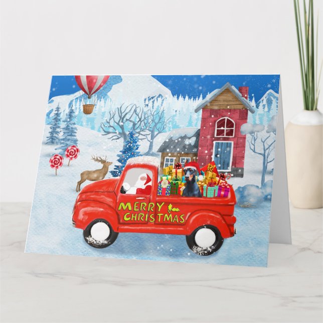 Doberman Dog in Christmas Delivery Truck Schnee Karte (Vorderseite)