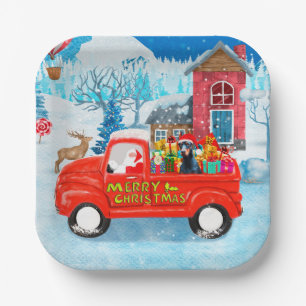 Doberman Dog in Christmas Delivery Truck Schnee Pappteller