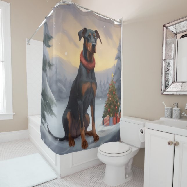 Doberman Dog in Schnee Weihnachten Duschvorhang (Beispiel)