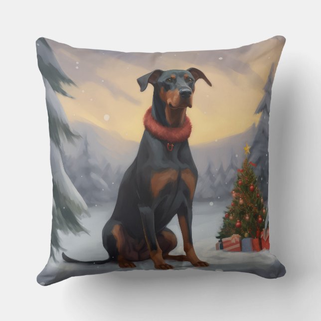 Doberman Dog in Schnee Weihnachten Kissen (Rückseite)