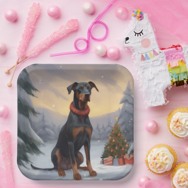 Doberman Dog in Schnee Weihnachten Pappteller (Party)