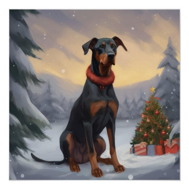 Doberman Dog in Schnee Weihnachten Poster (Vorderseite)