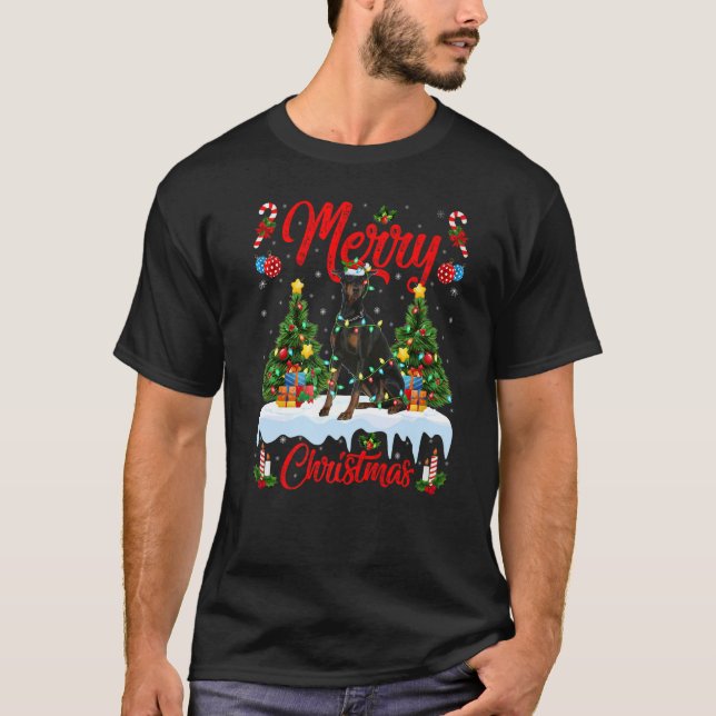 Doberman Dog Lights Xmas Tree Santa Doberman Chris T-Shirt (Vorderseite)