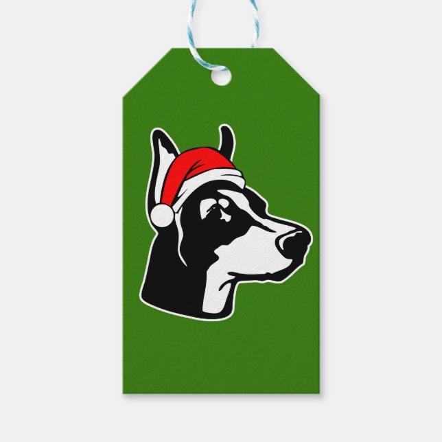 Doberman Dog mit Weihnachts-Weihnachtsmannmütze Geschenkanhänger (Vorderseite)