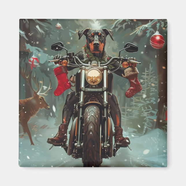 Doberman Dog Riding Motorrad Weihnachten Magnet (Vorne)