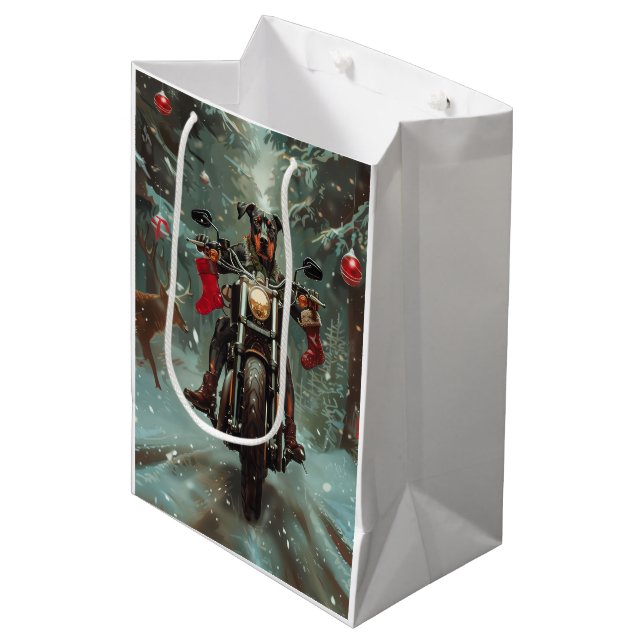 Doberman Dog Riding Motorrad Weihnachten Mittlere Geschenktüte (Vorderseite Schrägansicht)