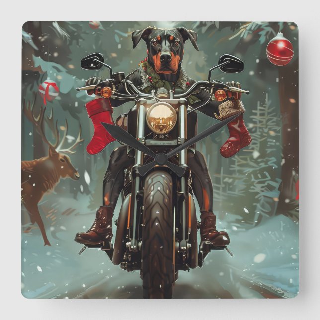 Doberman Dog Riding Motorrad Weihnachten Quadratische Wanduhr (Vorderseite)