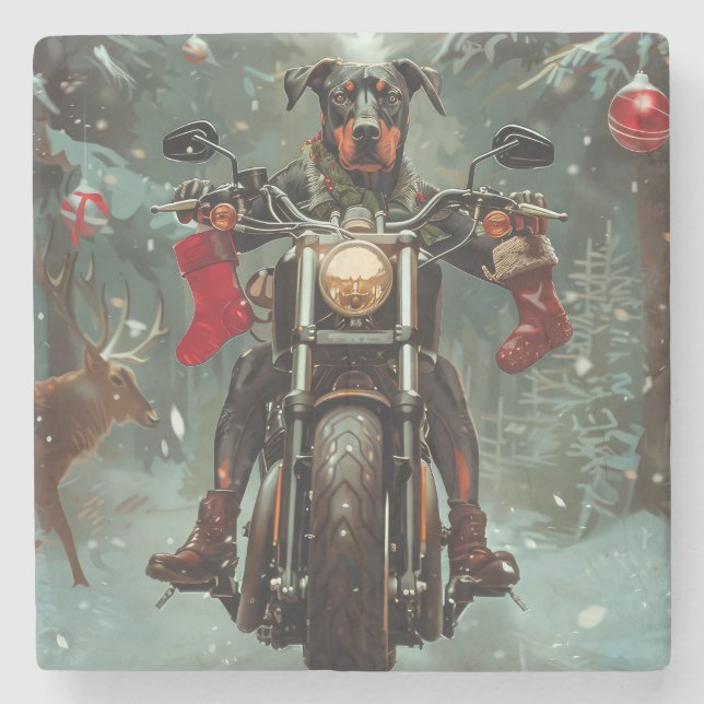 Doberman Dog Riding Motorrad Weihnachten Steinuntersetzer (Vorderseite)