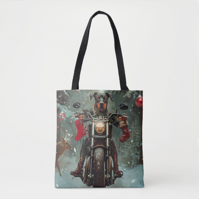 Doberman Dog Riding Motorrad Weihnachten Tasche (Vorderseite)