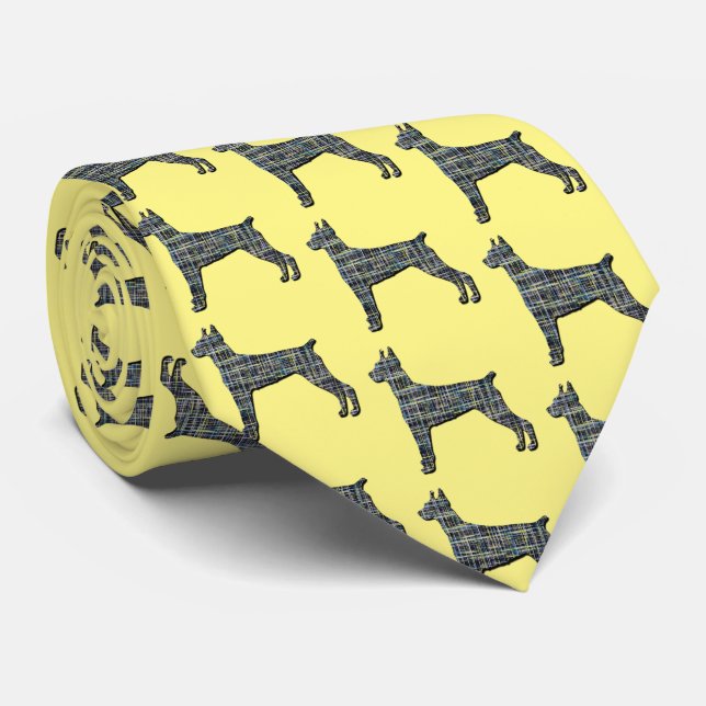 Doberman Dog Silhouette Yellow & Black Grid Yellow Krawatte (Gerollt)