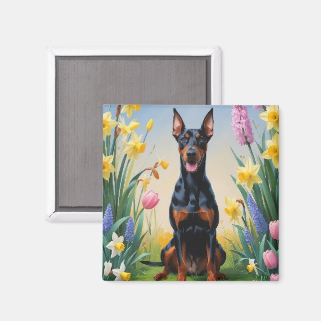 Doberman Dog Spring Blumen Malerei Magnet (Vorderseite/Rückseite)