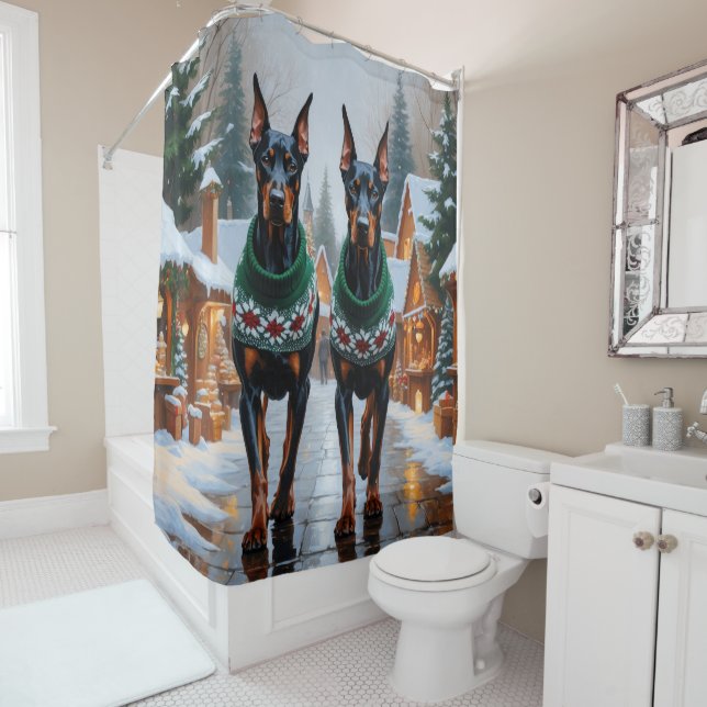 Doberman Dogs Christmas Snow Holiday  Duschvorhang (Beispiel)