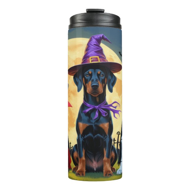 Doberman Dogs Pumpkin Halloween Funny Thermosbecher (Vorderseite)