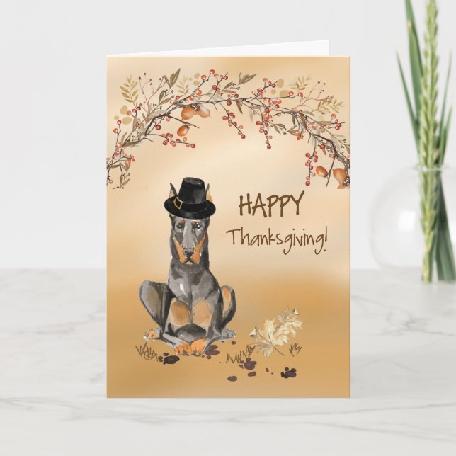 Doberman Funny Pilgrim Hat Erntedank Karte (Vorderseite)