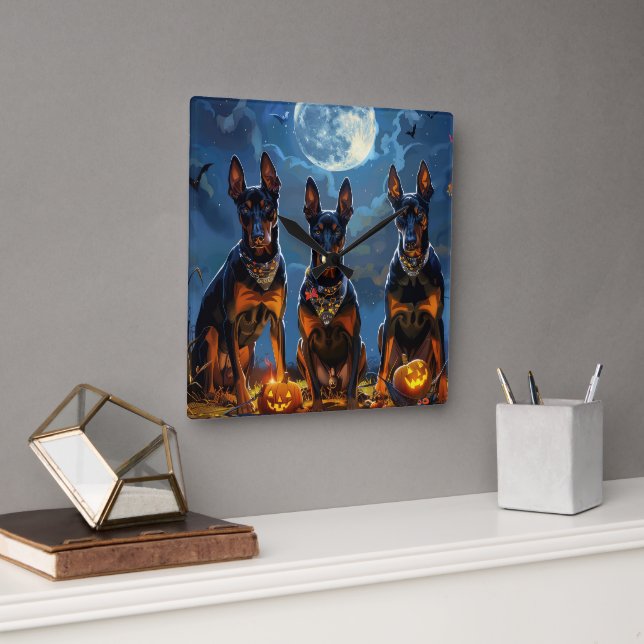 Doberman Halloween Spooky Quadratische Wanduhr (Büro)
