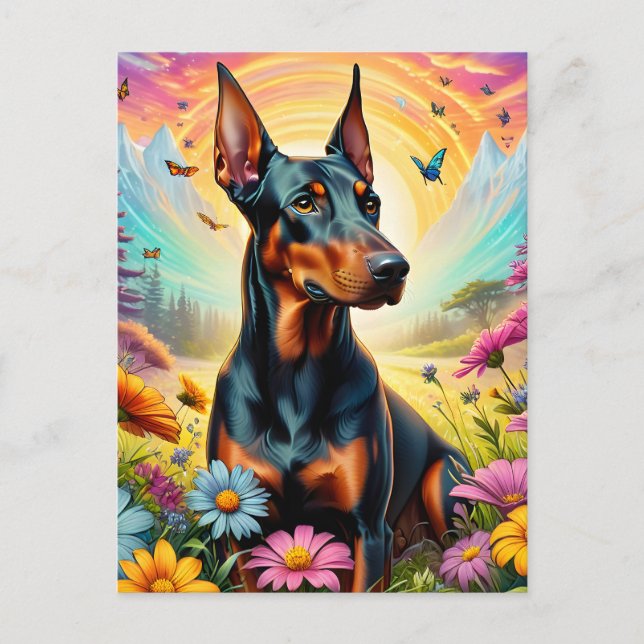 Doberman Hund, Blume und Bergwelt Postkarte (Vorderseite)