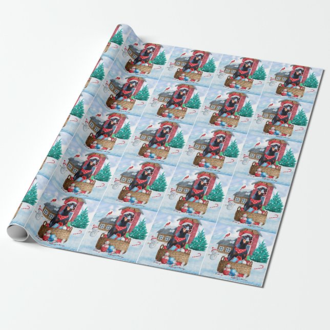 Doberman Hund im Schnee Weihnachtshundehaus Geschenkpapier (Ungerollt)