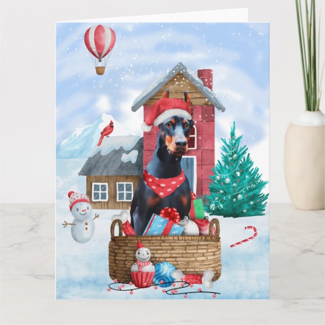 Doberman Hund im Schnee Weihnachtshundehaus Karte (Vorderseite)