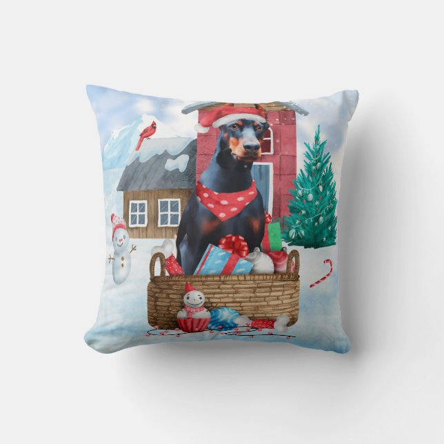 Doberman Hund im Schnee Weihnachtshundehaus Kissen (Vorderseite)