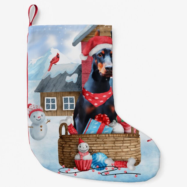 Doberman Hund im Schnee Weihnachtshundehaus Kleiner Weihnachtsstrumpf (Vorderseite)