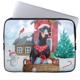 Doberman Hund im Schnee Weihnachtshundehaus Laptopschutzhülle