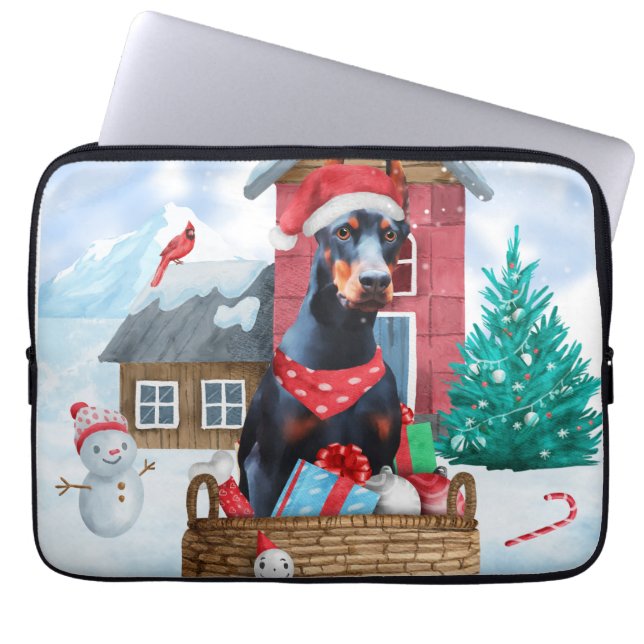 Doberman Hund im Schnee Weihnachtshundehaus Laptopschutzhülle (Vorderseite)