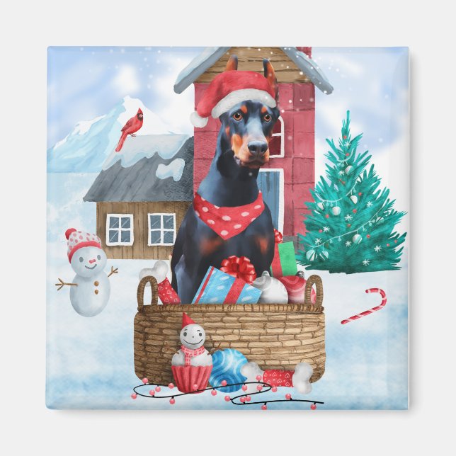 Doberman Hund im Schnee Weihnachtshundehaus Magnet (Vorne)