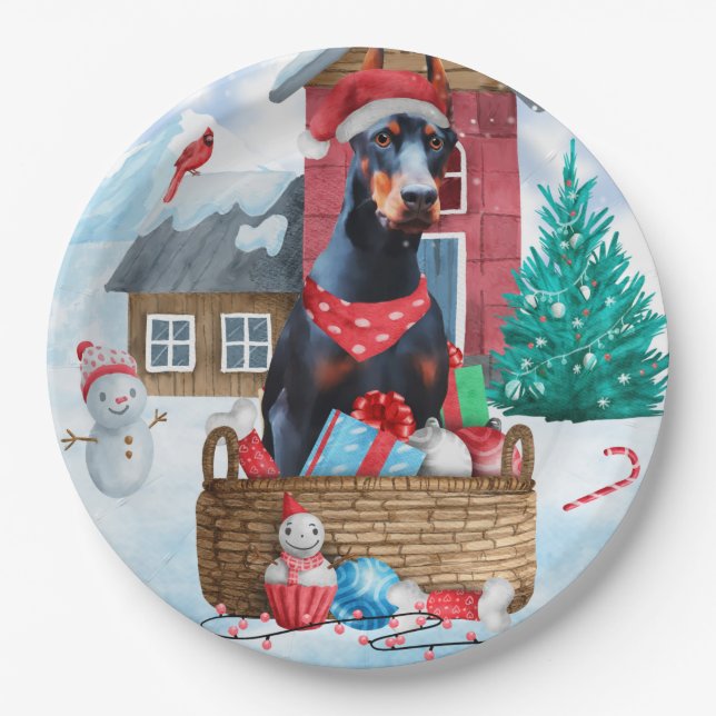 Doberman Hund im Schnee Weihnachtshundehaus Pappteller (Vorderseite)