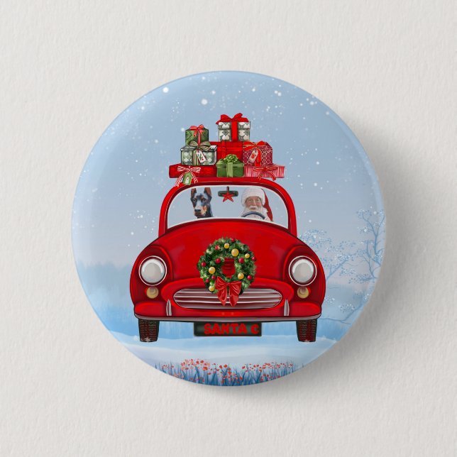 Doberman Hund in Auto mit dem Weihnachtsmann Button (Vorderseite)