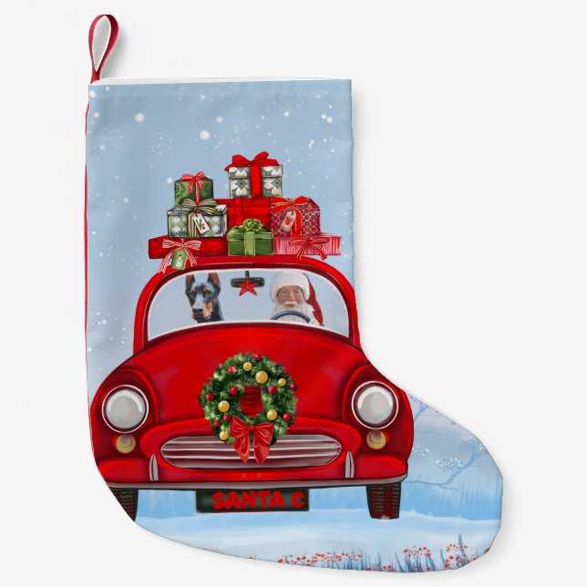 Doberman Hund in Auto mit dem Weihnachtsmann Kleiner Weihnachtsstrumpf (Vorderseite)