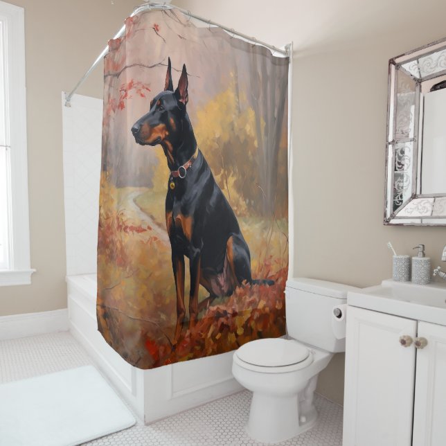 Doberman im Herbst Leaves Fall Inspiriert Duschvorhang (Beispiel)