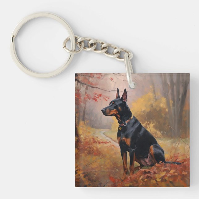 Doberman im Herbst Leaves Fall Inspiriert Schlüsselanhänger (Vorderseite)