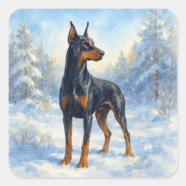 Doberman im Winterschnee Quadratischer Aufkleber (Vorderseite)