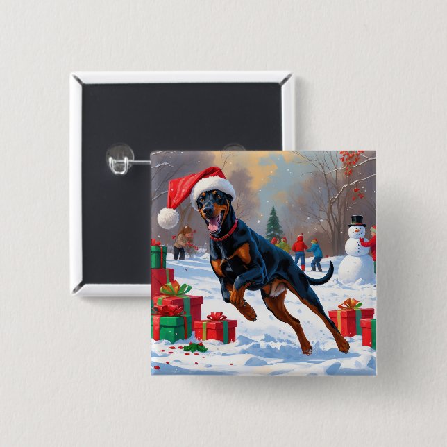 Doberman läuft im Schnee mit Weihnachtshut Button (Vorne & Hinten)