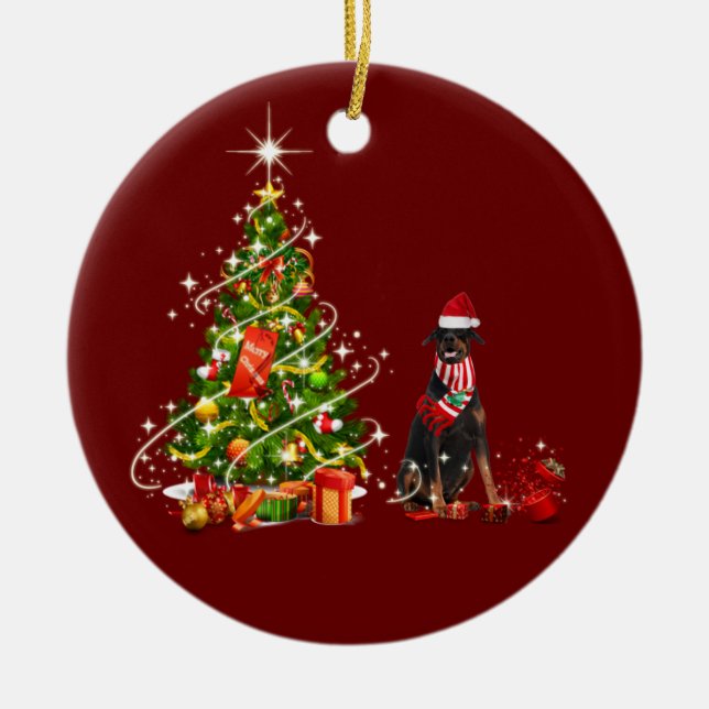 Doberman mit Hat Scaft Weihnachten Keramik Ornament (Vorne)