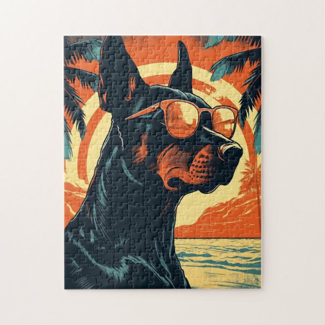 Doberman mit Sonnenbrille an einem tropischen Stra (Vertikal)
