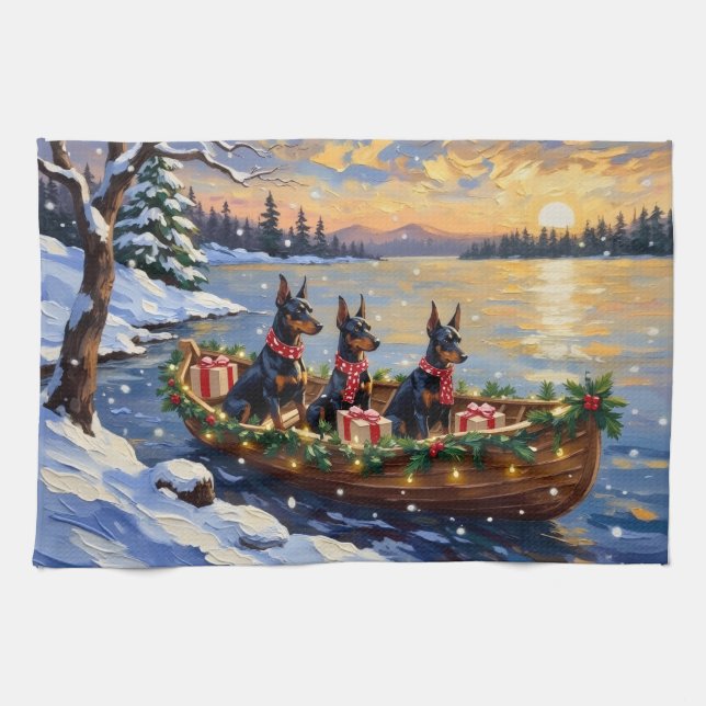 Doberman Pinscher Christmas Boat Holiday Geschirrtuch (Horizontal)