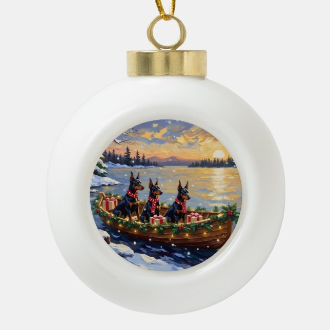 Doberman Pinscher Christmas Boat Holiday Keramik Kugel-Ornament (Vorderseite)