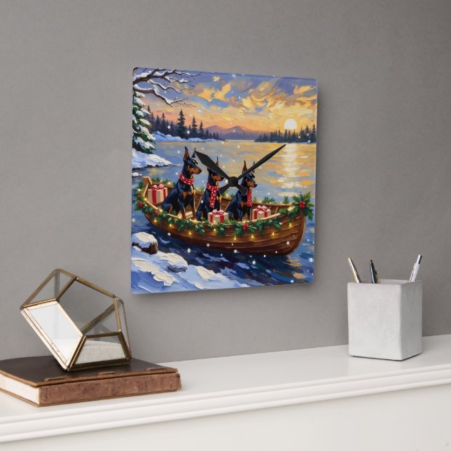Doberman Pinscher Christmas Boat Holiday Quadratische Wanduhr (Büro)