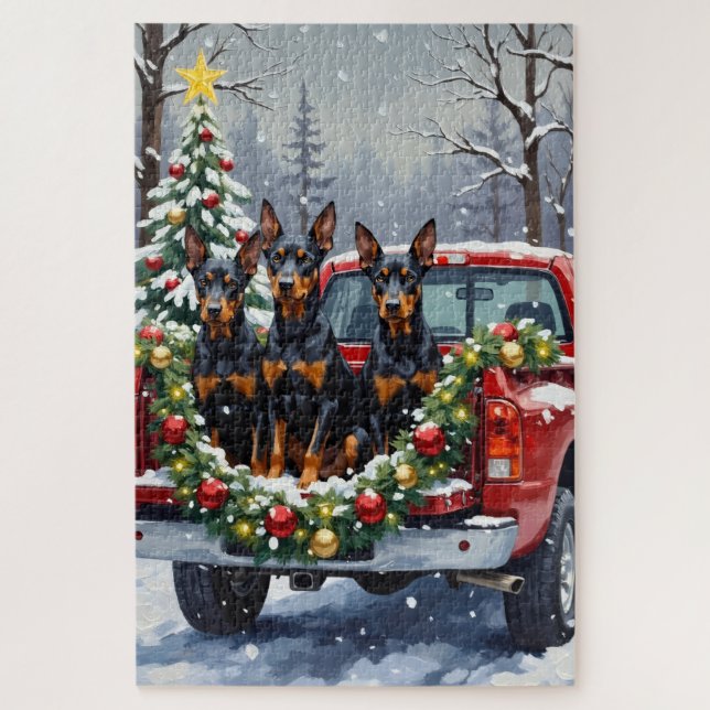 Doberman Pinscher Christmas Red Truck Holiday (Vertikal)