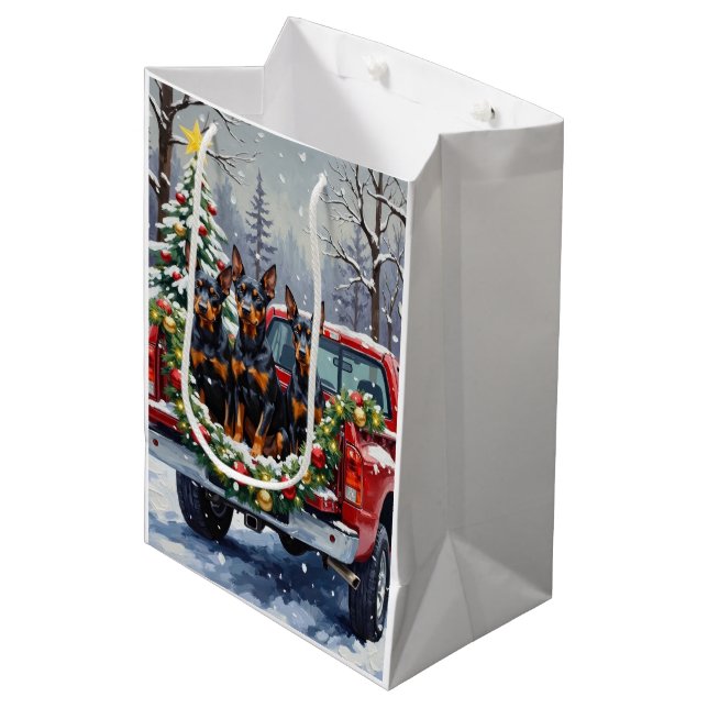 Doberman Pinscher Christmas Red Truck Holiday Mittlere Geschenktüte (Vorderseite Schrägansicht)