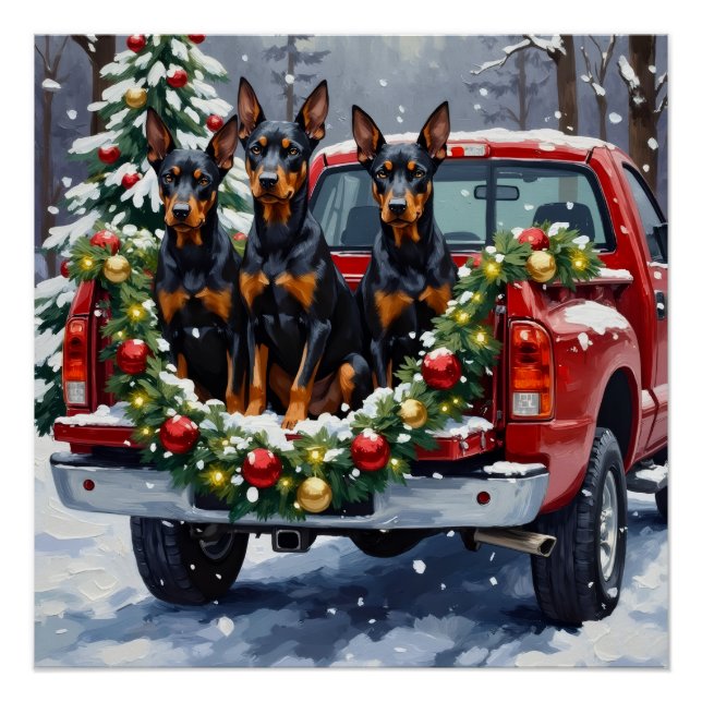 Doberman Pinscher Christmas Red Truck Holiday Poster (Vorderseite)