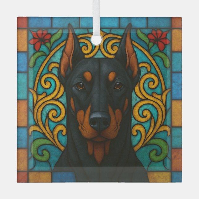Doberman Pinscher Cropped Hund "Festglas" Ornament Aus Glas (Vorderseite)