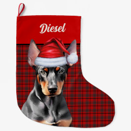 Doberman Pinscher Dog Holiday Plaid Personalized Großer Weihnachtsstrumpf