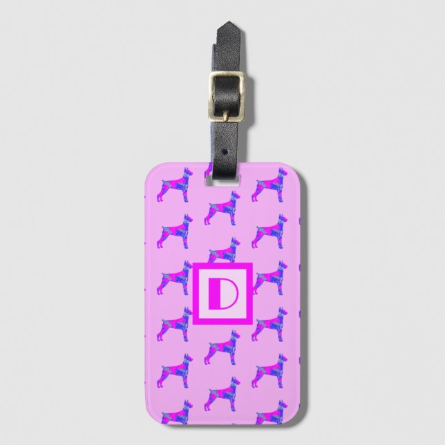 Doberman Pinscher Dog Lover Pink & Blue Monogram Gepäckanhänger (Vorderseite Vertikal)