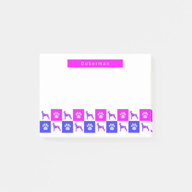 Doberman Pinscher Dog & Paw Hot Pink & Blue Post-it Klebezettel (Vorderseite)